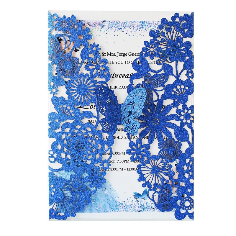Hosmsua 5.12 x 7.3 Inch 20PCS Royal Blue Quinceanera Invitation Kit Laser Cut Lace Flora Butterfly Invitation Pocket with Envelope Invitation for Bridal Shower QuinceaÃ±era (Royal Blue Glitter) - Image 1